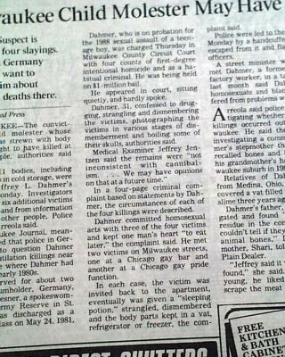 JEFFREY DAHMER Serial Killer Rape Murder Dismemberment ARRESTED 1991 Newspaper 3