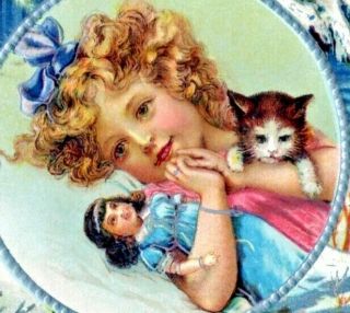 Antique Christmas Postcard Little Girl W Kitten & Doll Cat Silver Emboss Germany