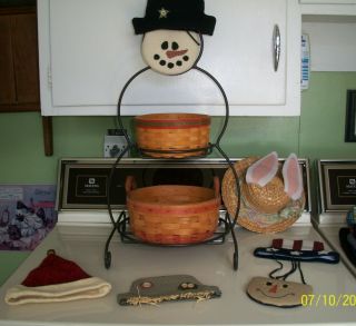 Longaberger Small Snowman Wrought Iron Stand W/ 2 Baskets,  2 Faces,  5 Hats