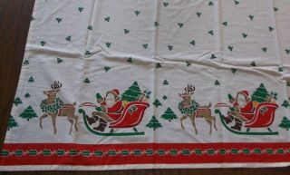 Vintage Cotton Christmas Reindeer Santa Sleigh Holly Tablecloth 68 X 56 "