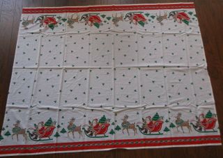 Vintage Cotton Christmas Reindeer Santa Sleigh Holly Tablecloth 68 x 56 