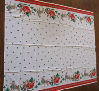 Vintage Cotton Christmas Reindeer Santa Sleigh Holly Tablecloth 68 x 56 