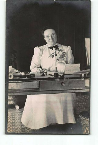Professional Woman In White Sitting At Desk Rppc Real Photo 1904 - 1918