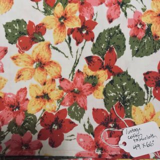 Vintage 1950s Cotton Tablecloth Pink Red Yellow Flowers Floral Spring 49 X 66”
