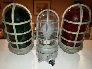 3 Vintage Stonco Glass Lamps Industrial Light Fixture - Red,  Green,  Clear Glass
