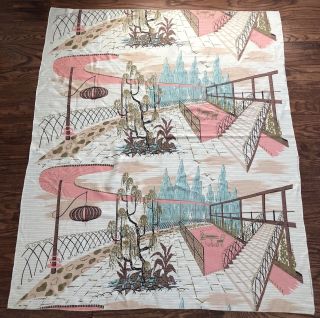 Vintage Mid Century Modern Pink Gold Turquoise Retro Fabric Material Mcm 53”x43”