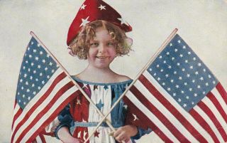 Vintage Patriotic Photo Postcard Little Girl In Red,  White,  And Blue Holds Flags