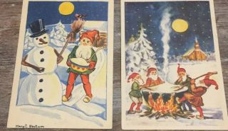 2 Vintage Swedish Mini Postcards Gnomes Elf Snowman Sweden Christmas God Yul