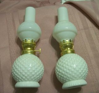 Pair Vtg.  Miniature Enesco Oil Lamps White Hobnail Milk Glass 8.  5 " Tall
