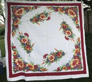 Vtg Tablecloth Cotton Red Orange Yellow Floral Bright 50 " X 50 "