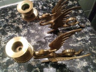 Antique Brass Figural Winged Dragon Candlesticks Pair