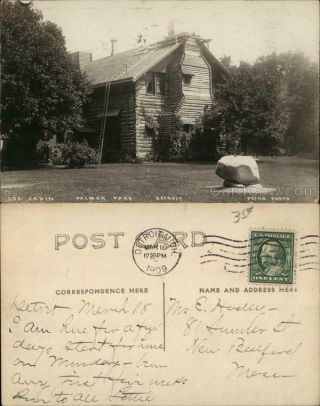 1909 Rppc Detroit,  Mi Log Cabin,  Palmer Park Wayne County Michigan Postcard