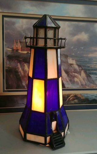 Vintage Stained Glass Lighthouse Blue & White Panelled Table Lamp Nautical Light