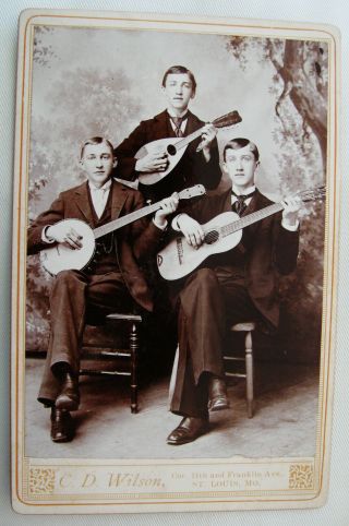 Cabinet Photo Of 3 Young Men & Instruments Banjo Guitar & Mandolin St.  Louis Mo