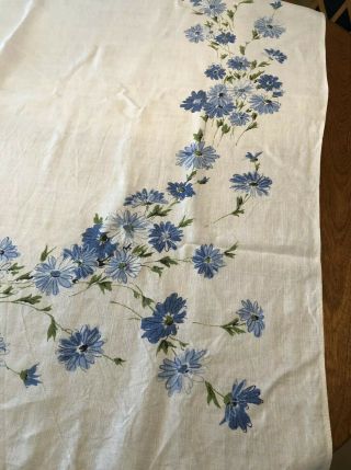 Vintage Blue & White Floral Linen Tablecloth 50 1/2” X 48 1/2” 2