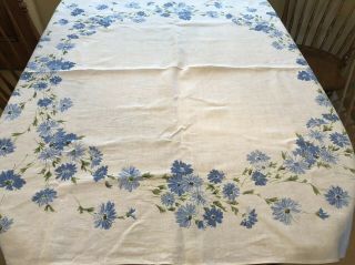 Vintage Blue & White Floral Linen Tablecloth 50 1/2” X 48 1/2” 3