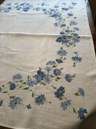 Vintage Blue & White Floral Linen Tablecloth 50 1/2” X 48 1/2” 4