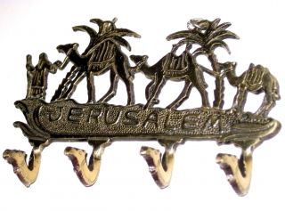 Vintage Solid Brass Wall Mount Hall Key Hooks Israel Holy Land Camels Jerusalem