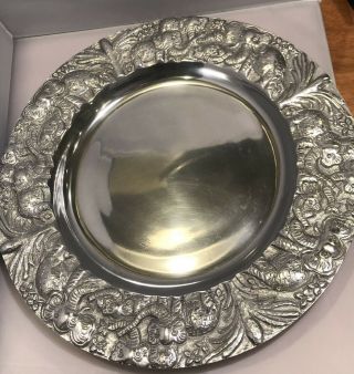 Pewter 14 " Serving Platter Plate With Etched Elephants/leaves