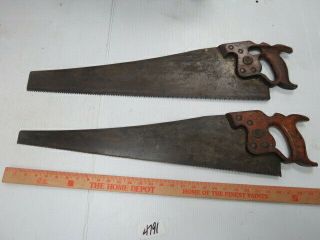 2 Vintage Disston Wood Handle Handsaws Hand Saws 26 " 4791k