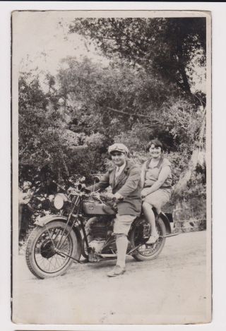Man And Woman Pose On Old Triumph Motorcycle Vintage 11920s/30s Orig Photo 50294