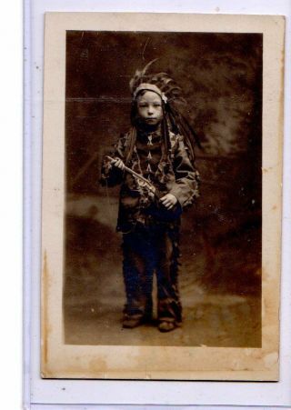 Studio Real Photo Postcard Rppc - Caucasian Boy Dressed As Native American