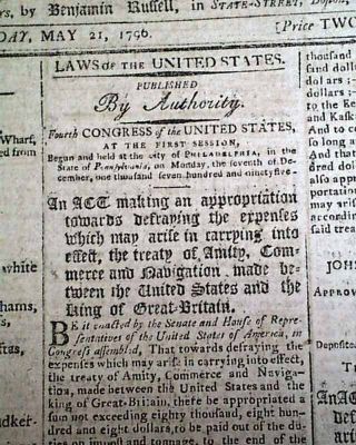 (4) President George Washington & John Adams Acts Of Congress 1796 Old Newspaper