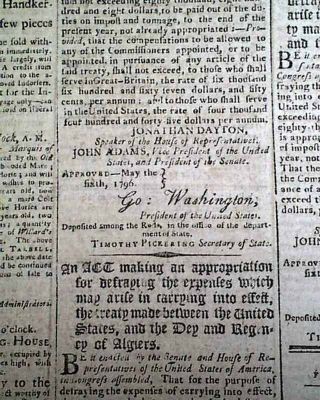 (4) President GEORGE WASHINGTON & John Adams ACTS of Congress 1796 Old Newspaper 2
