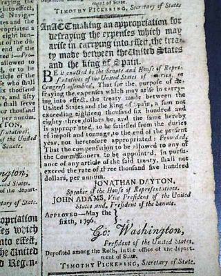 (4) President GEORGE WASHINGTON & John Adams ACTS of Congress 1796 Old Newspaper 6