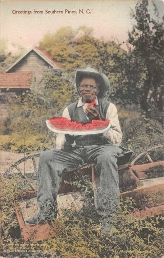 Southern Pines North Carolina Watermelon Black Americana Hand Colored Postcard