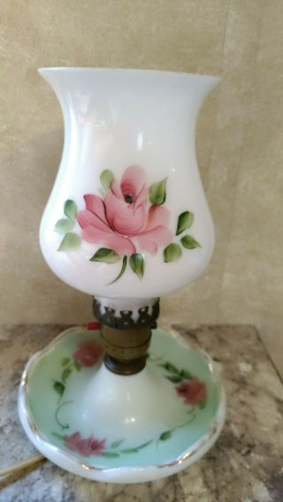 Vintage Electric Hurricane Lamp - White Milk Glass - Pink Painted Roses 9 Inches