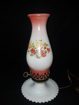 Vintage Milk Glass Hobnail Electric Hurricane Table Lamp Hand Painted Chimney