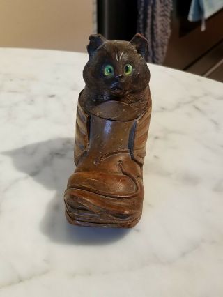 Antique Hand Carved Wooden Folk Art Inkwell Of A Cross Eyed Cat In A Shoe
