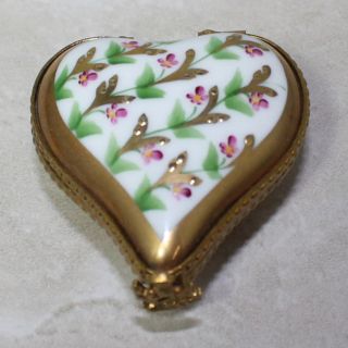 Limoges Rochard Hand Painted Gold Floral Heart Porcelain Trinket Box