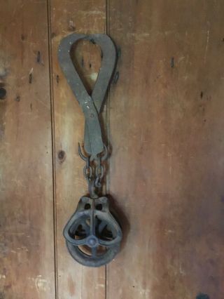 Old Vintage Antique Cast Iron Barn Hay Pulley & Hand Forged Barn Beam Hook