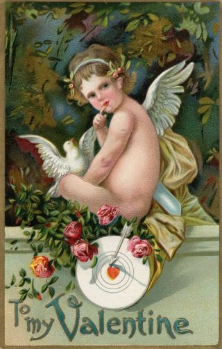 Cupid Sits With A White Dove And A Target Roses Vintage Valentine Postcard