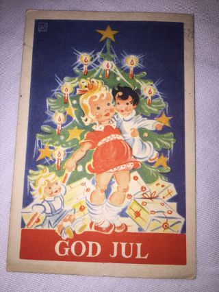 Vintage Mini Scandinavian Swedish Christmas Postcard Children Toy Doll God Jul