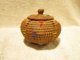 Vintage Southwestern Beaded Weaved Miniature Round Basket With Lid