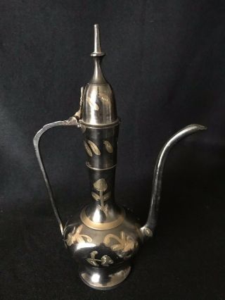 Vintage Arabic Dallah Coffee Tea Pot Ewer Turkish Black Brass Etched Pitcher