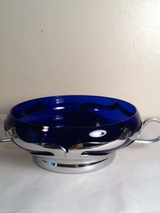 Vintage Farber Bros.  Handle Bowl W/ Cambridge Cobalt Blue Glass Insert