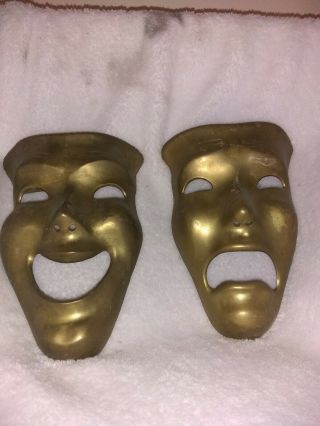 Vintage Brass Theater Faces 7 " Wall Hanging Set Of Two