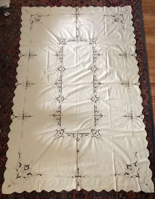 Vintage Off White Linen Cut Work Madeira Tablecloth 99”x64” W/ 12 Napkins