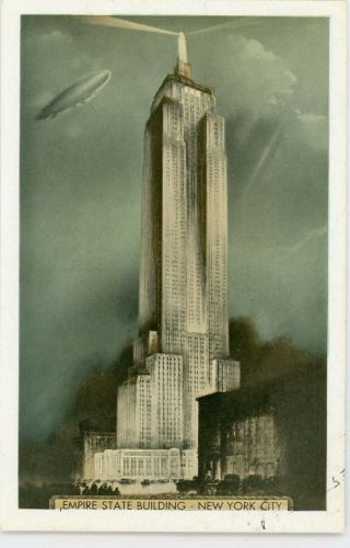 York City Ny " Empire State Building W/ Blimp " White Border Postcard
