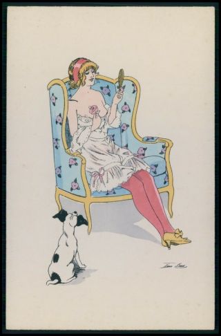 Art Xavier Sager Nude Woman Lingerie Hairdo & Dog 1910s Postcard