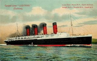 C1912 Postcard; Cunard Liner Lusitania (turbine) Specs Listed National Series 46
