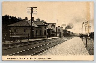 Fostoria Ohio B&o Railroad Station Train At Depot Ladies On Platform C1910 Pc