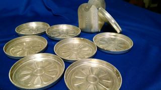 Vintage Forged Aluminum Coasters Flower - Set Of 8 W/ Holder Caddy