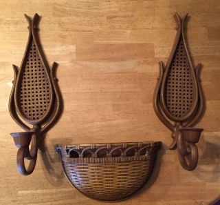 2 Vtg Homco Wall Sconce Candleholders Wall Pocket Resin 1981 Faux Wicker Wood