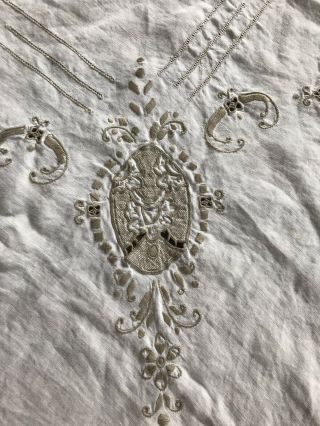 Vintage Madeira Hand Embroidered Cutwork Linen Tablecloth 48” By 50”