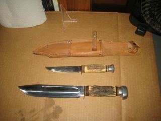 (2) Vintage Solingen Germany Faux Stag Antler Bowie / Hunting Knives W/ Sheath